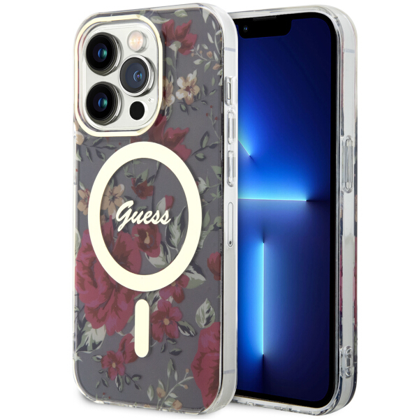 Guess GUHMP14LHCFWSA iPhone 14 Pro 6.1″ chaki spalvos kietas dėklas Flower MagSafe aprašymas - Prekės nuotrauka