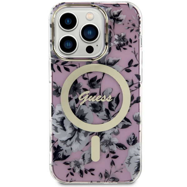Guess GUHMP14LHCFWSP Apple iPhone 14 Pro 6.1″ rožinės spalvos kietas dėklas Flower MagSafe aprašymas - Prekės nuotrauka