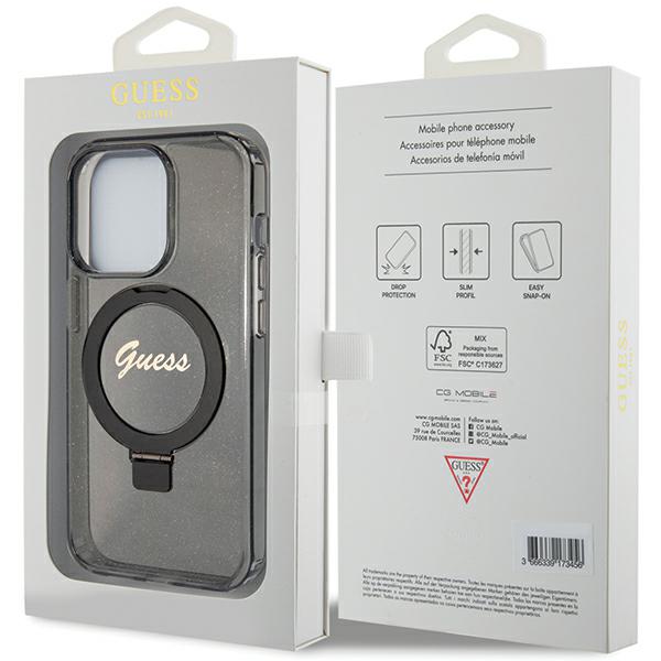 Guess GUHMP14LHRSGSK iPhone 14 Pro 6.1″ juodos spalvos kietas dėklas su žiediniu stovu, „Script Glitter“ serijos, suderinamas su MagSafe aprašymas - Prekės nuotrauka
