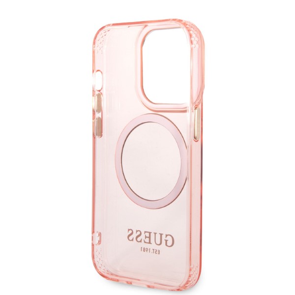 Guess GUHMP14LHTCMP iPhone 14 Pro 6,1″ rožinės spalvos kietas dėklas Gold Outline Translucent MagSafe aprašymas - Prekės nuotrauka