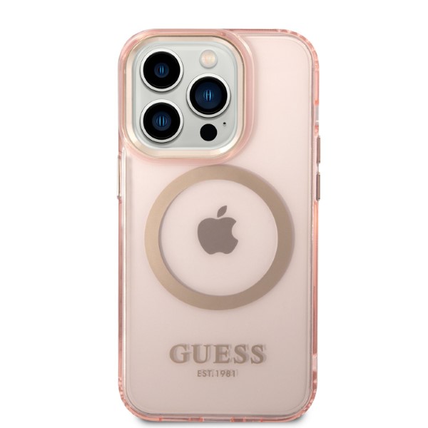 Guess GUHMP14LHTCMP iPhone 14 Pro 6,1″ rožinės spalvos kietas dėklas Gold Outline Translucent MagSafe aprašymas - Prekės nuotrauka