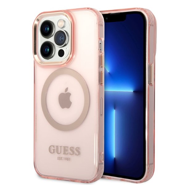 Guess GUHMP14LHTCMP iPhone 14 Pro 6,1″ rožinės spalvos kietas dėklas Gold Outline Translucent MagSafe aprašymas - Prekės nuotrauka