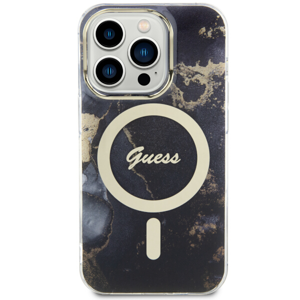 Guess GUHMP14LHTMRSK iPhone 14 Pro 6.1″ juodos spalvos kietas dėklas Golden Marble MagSafe aprašymas - Prekės nuotrauka