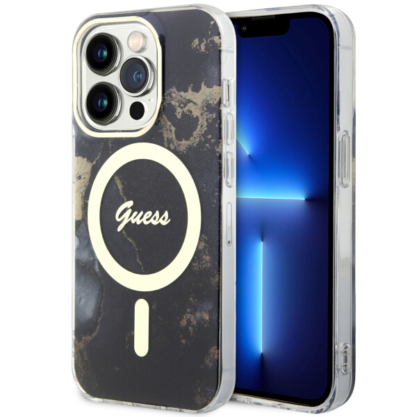 Guess GUHMP14LHTMRSK iPhone 14 Pro 6.1″ juodos spalvos kietas dėklas Golden Marble MagSafe aprašymas - Prekės nuotrauka