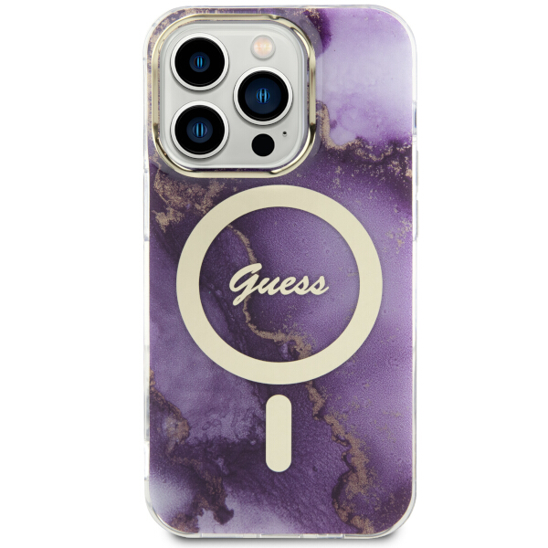 Guess GUHMP14LHTMRSU iPhone 14 Pro 6.1″ violetinės spalvos kietas dėklas Golden Marble MagSafe aprašymas - Prekės nuotrauka