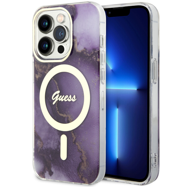 Guess GUHMP14LHTMRSU iPhone 14 Pro 6.1″ violetinės spalvos kietas dėklas Golden Marble MagSafe aprašymas - Prekės nuotrauka