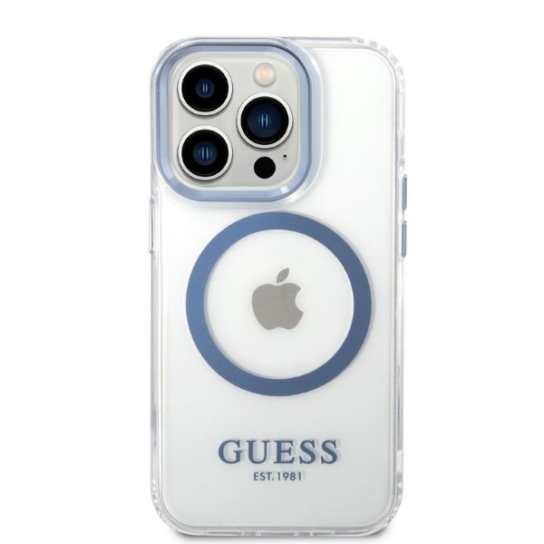 Guess GUHMP14LHTRMB iPhone 14 Pro 6,1″ mėlynas kietas dėklas Metal Outline Magsafe aprašymas - Prekės nuotrauka