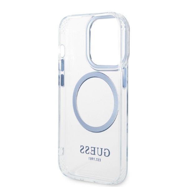 Guess GUHMP14LHTRMB iPhone 14 Pro 6,1″ mėlynas kietas dėklas Metal Outline Magsafe aprašymas - Prekės nuotrauka