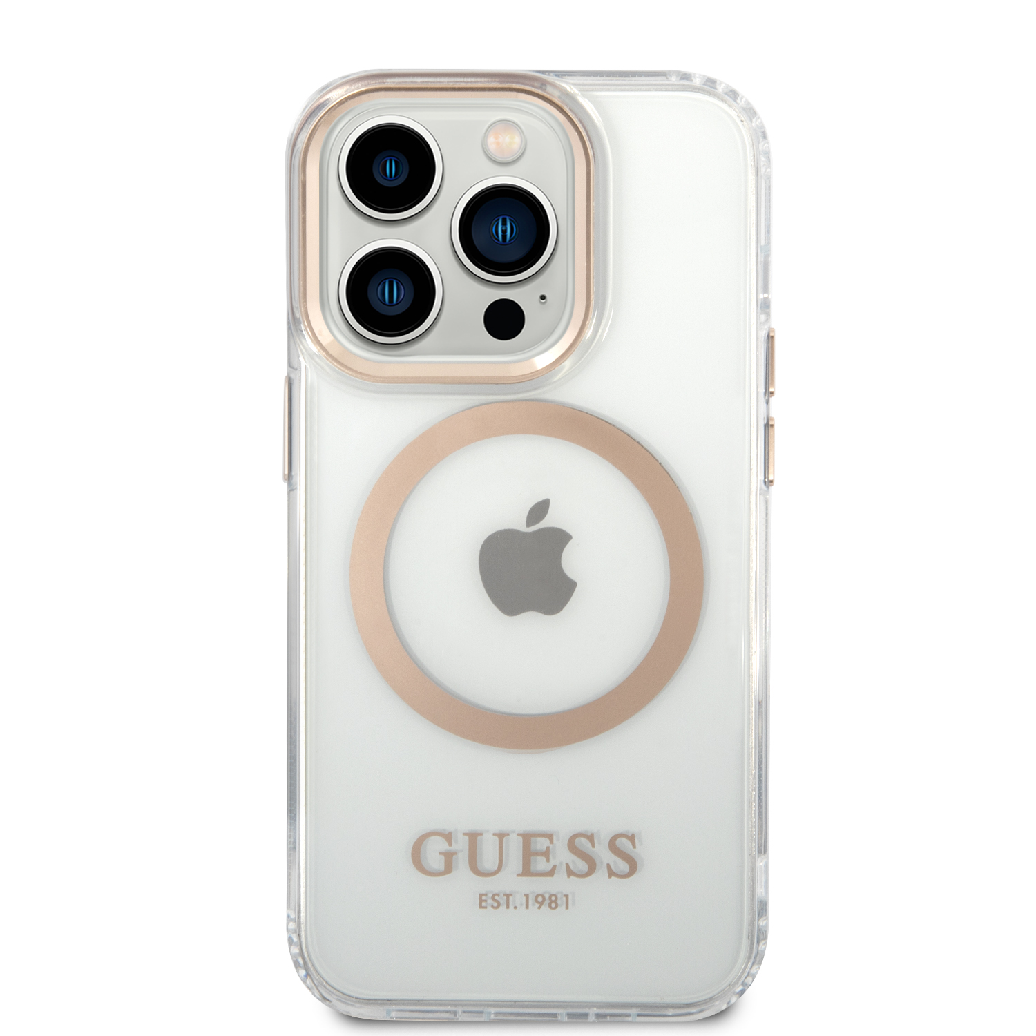 Guess GUHMP14LHTRMD iPhone 14 Pro 6,1″ auksinis kietas dėklas Metal Outline Magsafe aprašymas - Prekės nuotrauka