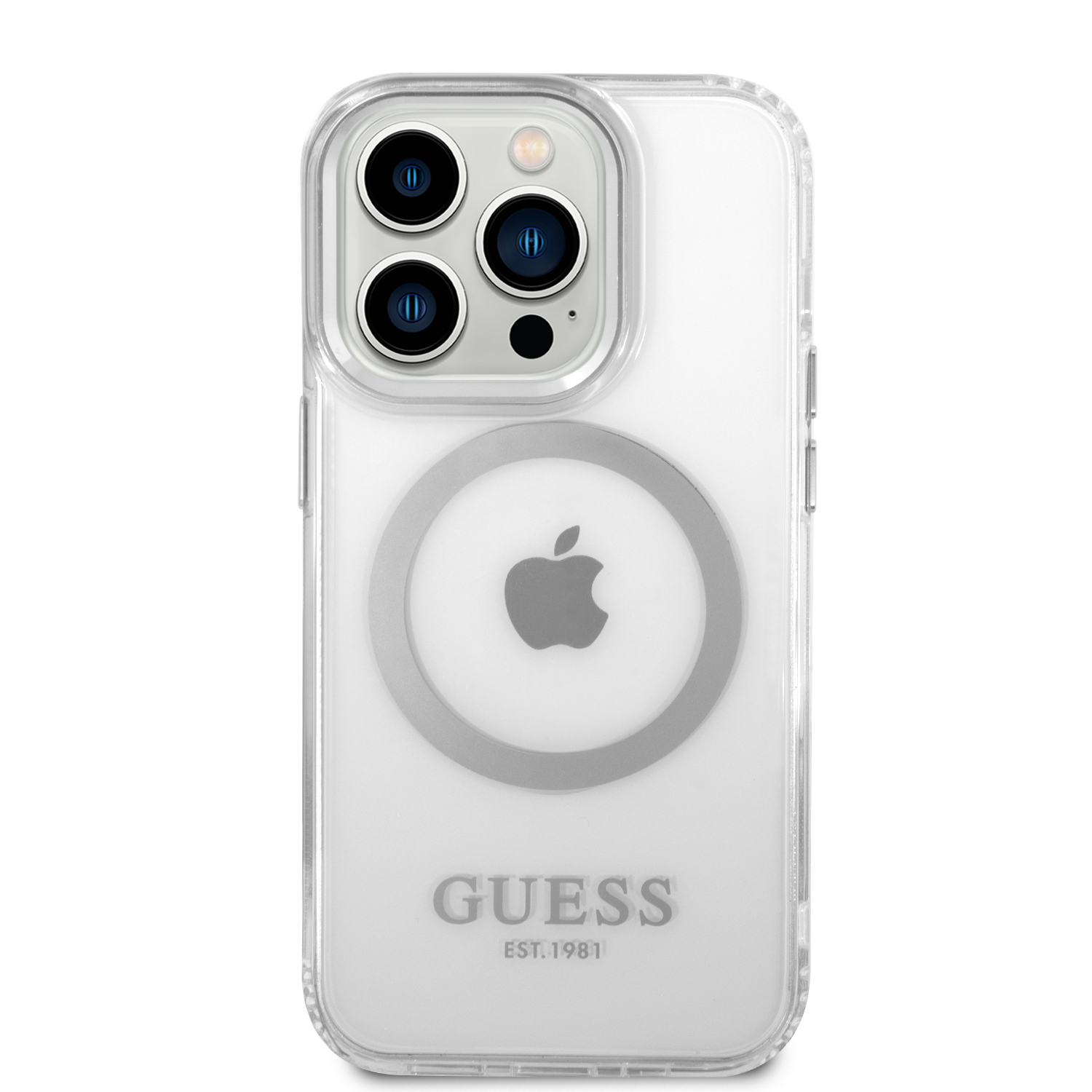 Guess GUHMP14LHTRMS Apple iPhone 14 Pro 6,1″ sidabrinis kietas dėklas Metal Outline Magsafe aprašymas - Prekės nuotrauka