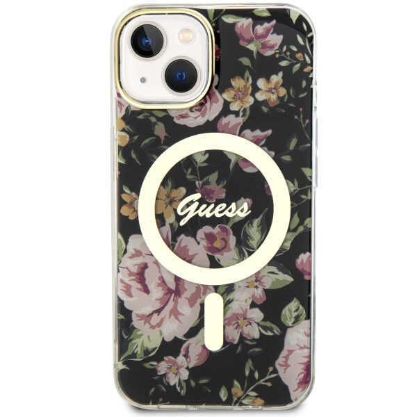 Guess GUHMP14SHCFWSK Apple iPhone 14 / 15 / 13 6.1″ juodos spalvos kietas dėklas Flower MagSafe aprašymas - Prekės nuotrauka