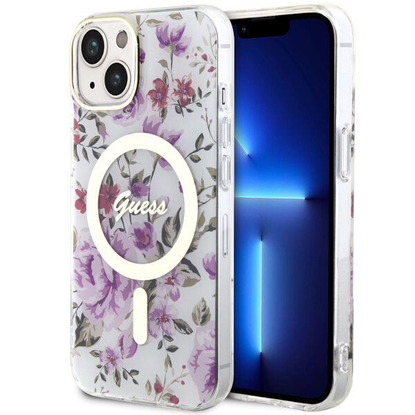 Guess GUHMP14SHCFWST iPhone 14 / 15 / 13 6.1″ skaidrus kietas dėklas Flower MagSafe aprašymas - Prekės nuotrauka