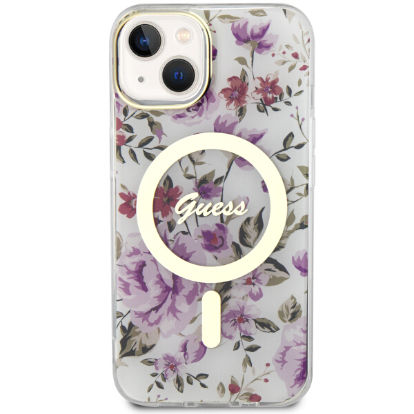 Guess GUHMP14SHCFWST iPhone 14 / 15 / 13 6.1″ skaidrus kietas dėklas Flower MagSafe aprašymas - Prekės nuotrauka