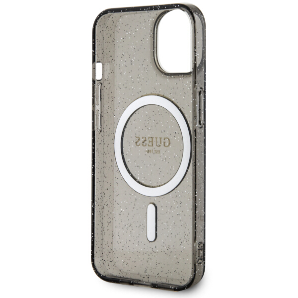 Guess GUHMP14SHCMCGK iPhone 14 / 15 / 13 6.1″ juodos spalvos kietas dėklas Glitter Gold MagSafe aprašymas - Prekės nuotrauka