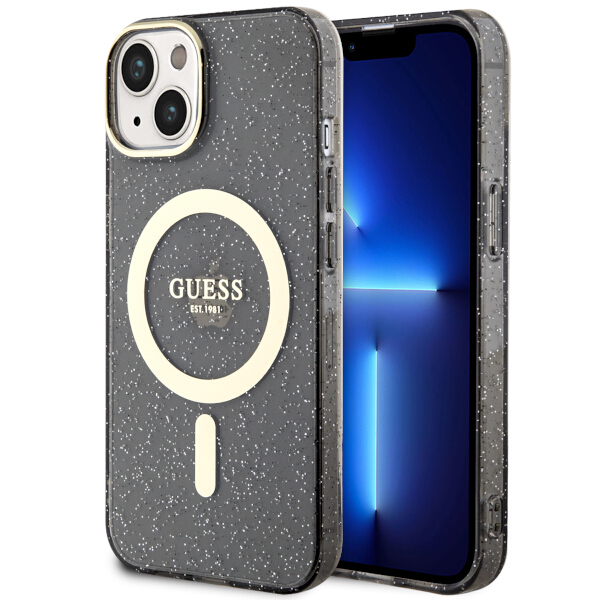Guess GUHMP14SHCMCGK iPhone 14 / 15 / 13 6.1″ juodos spalvos kietas dėklas Glitter Gold MagSafe aprašymas - Prekės nuotrauka