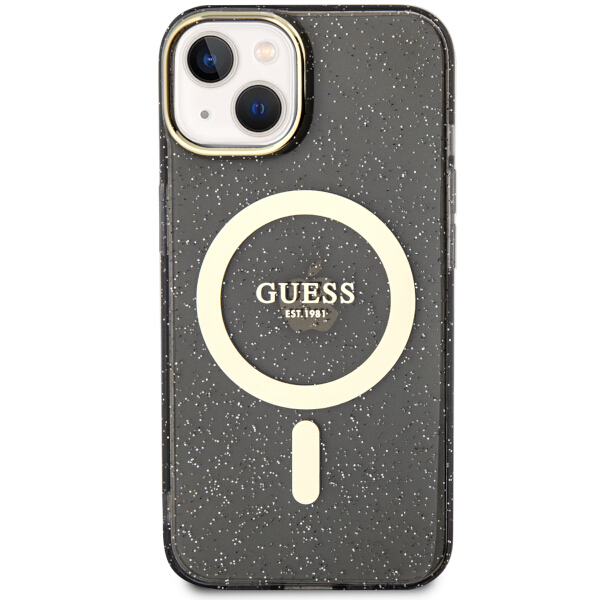 Guess GUHMP14SHCMCGK iPhone 14 / 15 / 13 6.1″ juodos spalvos kietas dėklas Glitter Gold MagSafe aprašymas - Prekės nuotrauka