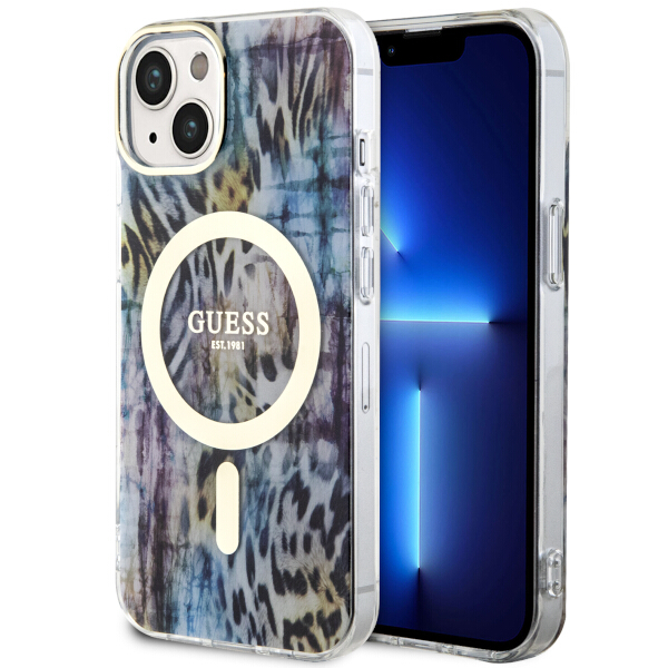 Guess GUHMP14SHLEOPWB Apple iPhone 14 / 15 / 13 6.1″ mėlynas kietas dėklas Leopard MagSafe aprašymas - Prekės nuotrauka