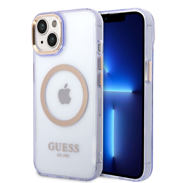 Guess GUHMP14SHTCMU iPhone 14 / 15 / 6.1″ violetinės spalvos kietas dėklas Gold Outline Translucent MagSafe aprašymas - Prekės nuotrauka