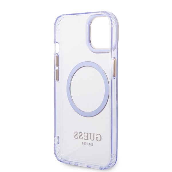 Guess GUHMP14SHTCMU iPhone 14 / 15 / 6.1″ violetinės spalvos kietas dėklas Gold Outline Translucent MagSafe aprašymas - Prekės nuotrauka