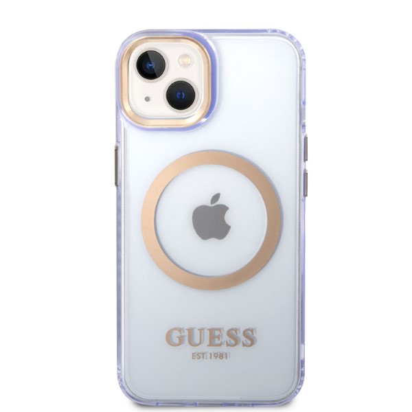 Guess GUHMP14SHTCMU iPhone 14 / 15 / 6.1″ violetinės spalvos kietas dėklas Gold Outline Translucent MagSafe aprašymas - Prekės nuotrauka