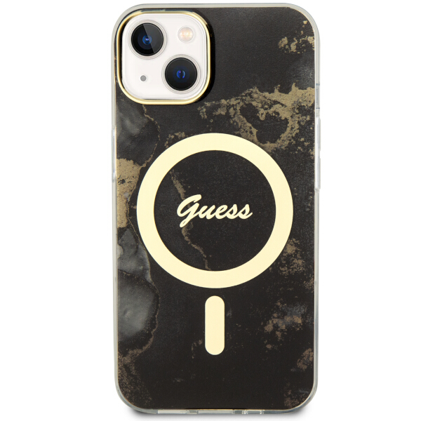 Guess GUHMP14SHTMRSK Apple iPhone 14 / 15 / 136.1″ juodos spalvos kietas dėklas Golden Marble MagSafe aprašymas - Prekės nuotrauka