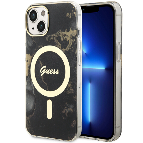 Guess GUHMP14SHTMRSK Apple iPhone 14 / 15 / 136.1″ juodos spalvos kietas dėklas Golden Marble MagSafe aprašymas - Prekės nuotrauka