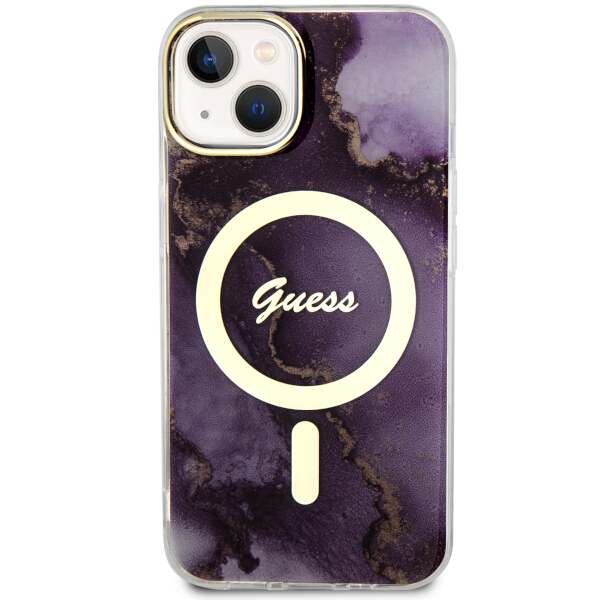 Guess GUHMP14SHTMRSU Apple iPhone 14 / 15 / 13 6.1″ violetinės spalvos kietas dėklas Golden Marble MagSafe aprašymas - Prekės nuotrauka