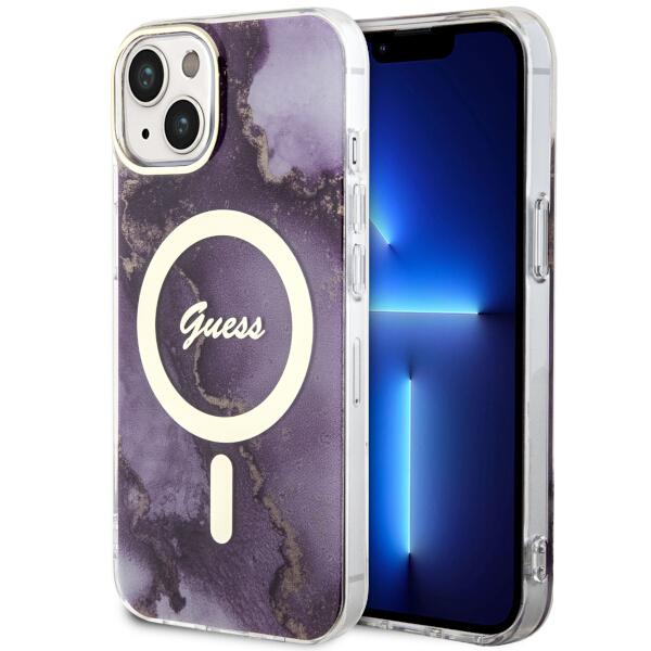 Guess GUHMP14SHTMRSU Apple iPhone 14 / 15 / 13 6.1″ violetinės spalvos kietas dėklas Golden Marble MagSafe aprašymas - Prekės nuotrauka
