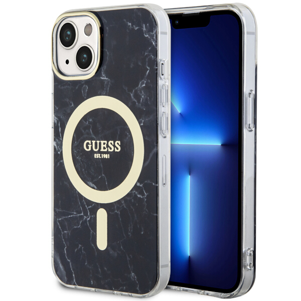 Guess GUHMP14SPCUMAK Apple iPhone 14 / 15 / 13 6.1″ juodos spalvos kietas dėklas Marble MagSafe aprašymas - Prekės nuotrauka