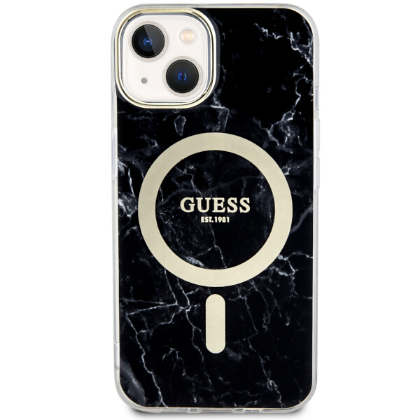 Guess GUHMP14SPCUMAK Apple iPhone 14 / 15 / 13 6.1″ juodos spalvos kietas dėklas Marble MagSafe aprašymas - Prekės nuotrauka