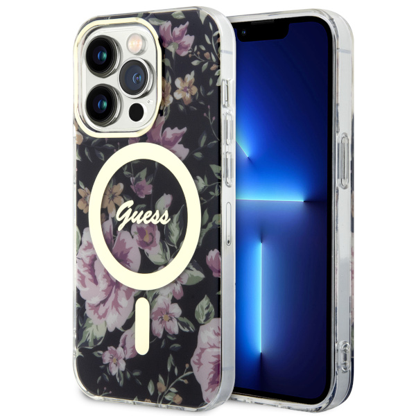 Guess GUHMP14XHCFWSK Apple iPhone 14 Pro Max 6.7″ juodos spalvos kietas dėklas Flower MagSafe aprašymas - Prekės nuotrauka
