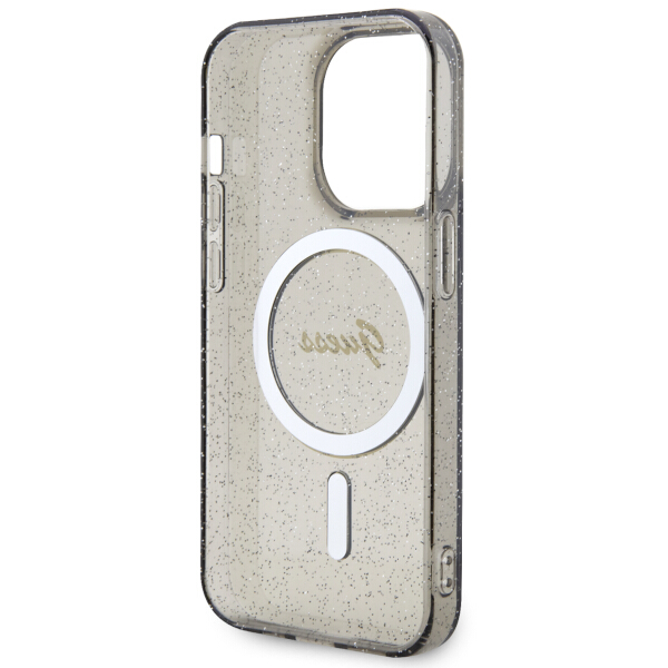 Guess GUHMP14XHCMCGK Apple iPhone 14 Pro Max 6.7″ juodos spalvos kietas dėklas Glitter Gold MagSafe aprašymas - Prekės nuotrauka