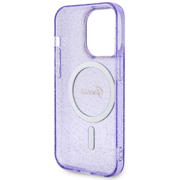Guess GUHMP14XHCMCGU Apple iPhone 14 Pro Max 6.7″ violetinės spalvos kietas dėklas Glitter Gold MagSafe aprašymas - Prekės nuotrauka