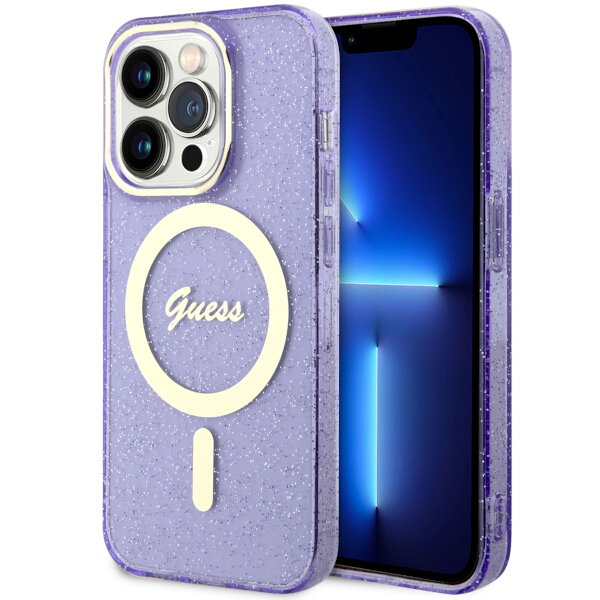 Guess GUHMP14XHCMCGU Apple iPhone 14 Pro Max 6.7″ violetinės spalvos kietas dėklas Glitter Gold MagSafe aprašymas - Prekės nuotrauka