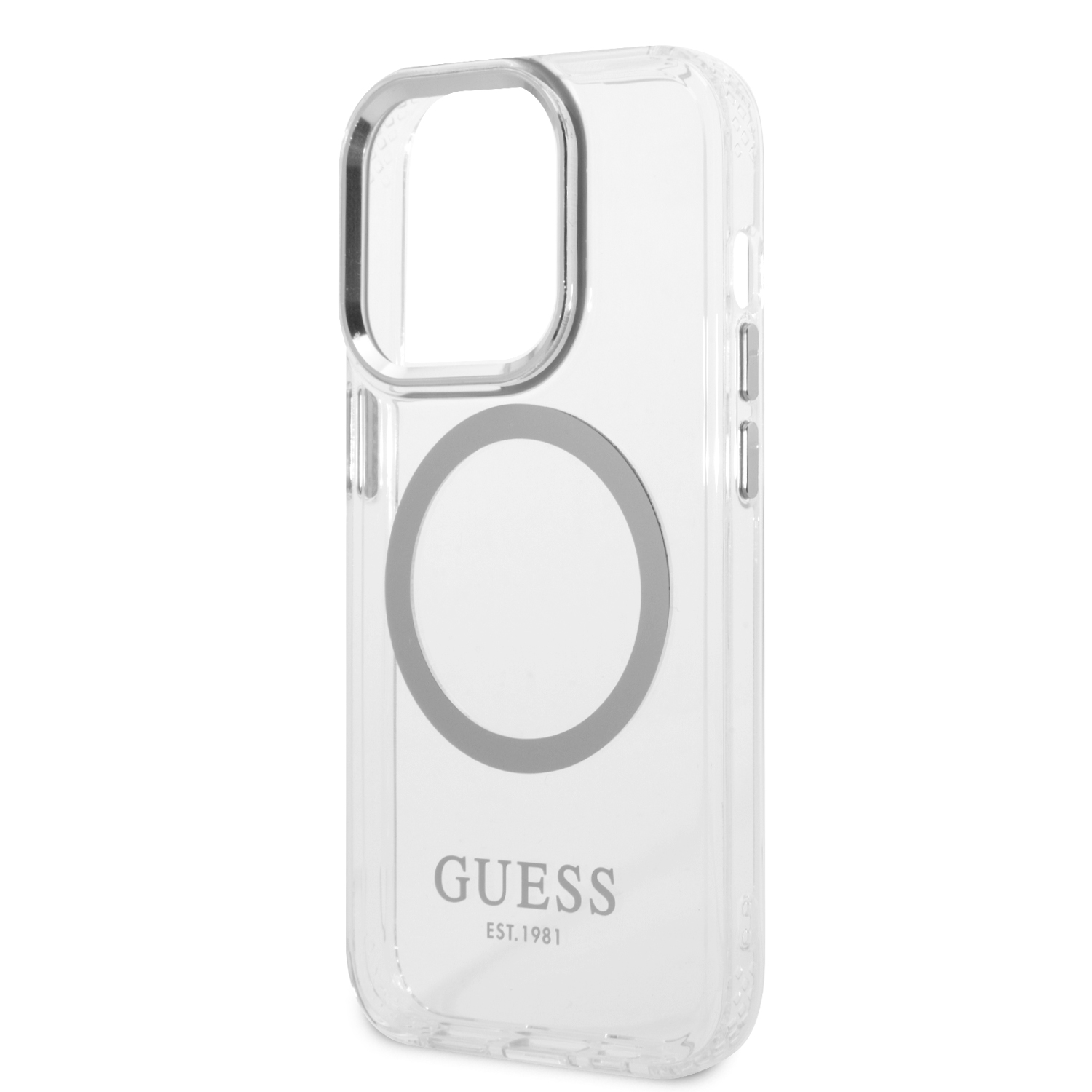 Guess GUHMP14XHTRMS Apple iPhone 14 Pro Max 6,7″ sidabrinis kietas dėklas Metal Outline Magsafe aprašymas - Prekės nuotrauka
