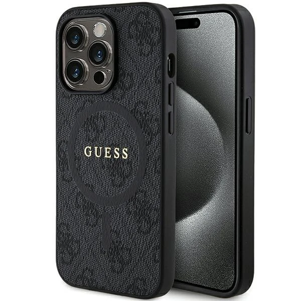 Dėklas Guess Apple iPhone 15 Pro 4G Collection Odinis Metalinis Logotipas MagSafe Juodas | ATSPĖK aprašymas - Prekės nuotrauka