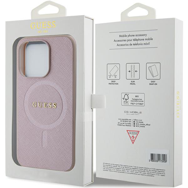 Guess GUHMP15LPSAHMCP Apple iPhone 15 Pro 6.1″ rožinės spalvos kietas dėklas Saffiano MagSafe aprašymas - Prekės nuotrauka