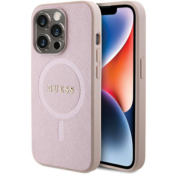 Guess GUHMP15LPSAHMCP Apple iPhone 15 Pro 6.1″ rožinės spalvos kietas dėklas Saffiano MagSafe aprašymas - Prekės nuotrauka