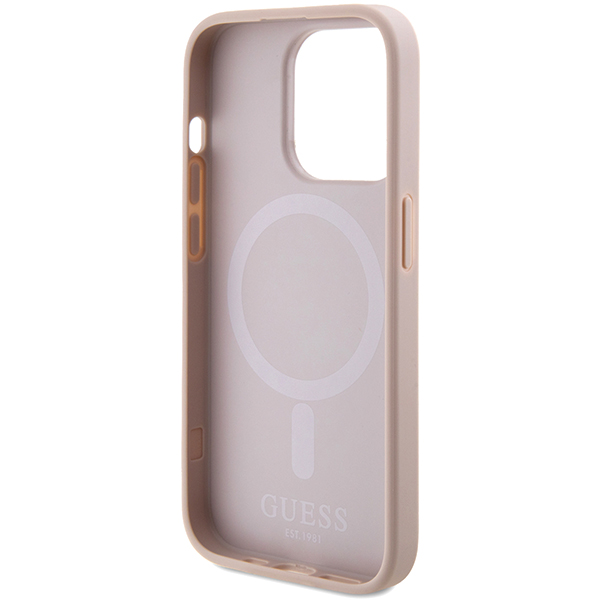 Guess GUHMP15LPSAHMCP Apple iPhone 15 Pro 6.1″ rožinės spalvos kietas dėklas Saffiano MagSafe aprašymas - Prekės nuotrauka