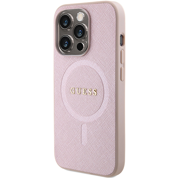 Guess GUHMP15LPSAHMCP Apple iPhone 15 Pro 6.1″ rožinės spalvos kietas dėklas Saffiano MagSafe aprašymas - Prekės nuotrauka