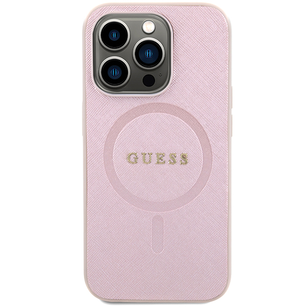 Guess GUHMP15LPSAHMCP Apple iPhone 15 Pro 6.1″ rožinės spalvos kietas dėklas Saffiano MagSafe aprašymas - Prekės nuotrauka