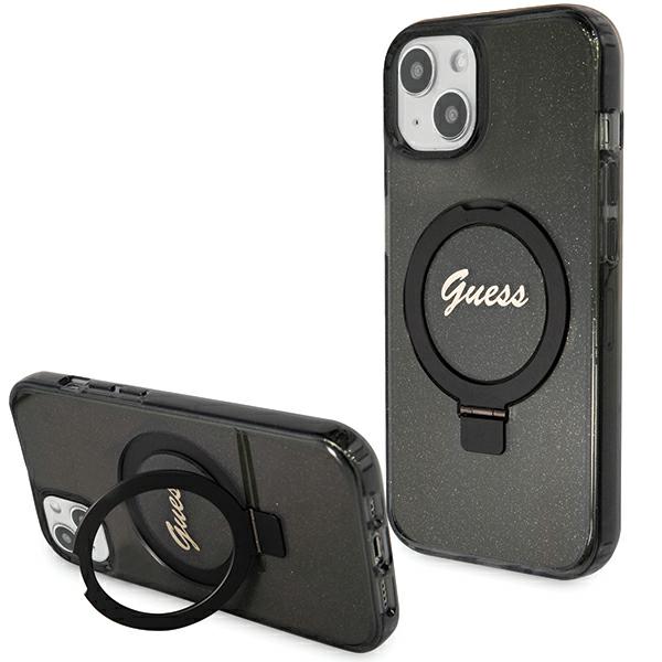 Guess GUHMP15MHRSGSK Apple iPhone 15 Plus / 14 Plus 6.7″ juodos spalvos kietas dėklas Ring Stand Script Glitter Ma aprašymas - Prekės nuotrauka