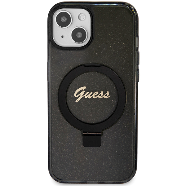 Guess GUHMP15MHRSGSK Apple iPhone 15 Plus / 14 Plus 6.7″ juodos spalvos kietas dėklas Ring Stand Script Glitter Ma aprašymas - Prekės nuotrauka