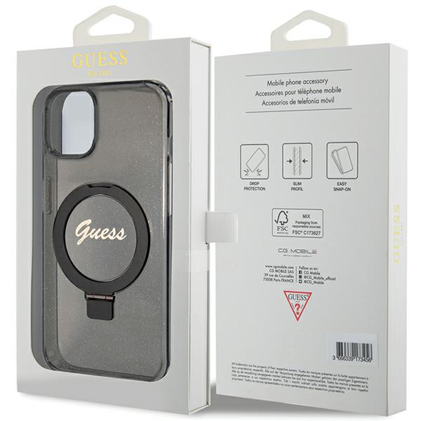 Guess GUHMP15MHRSGSK Apple iPhone 15 Plus / 14 Plus 6.7″ juodos spalvos kietas dėklas Ring Stand Script Glitter Ma aprašymas - Prekės nuotrauka