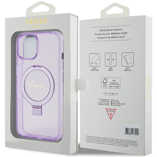 Guess GUHMP15MHRSGSU Apple iPhone 15 Plus/ 14 Plus 6.7″ violetinės spalvos kietas dėklas Ring Stand Script Glitte aprašymas - Prekės nuotrauka