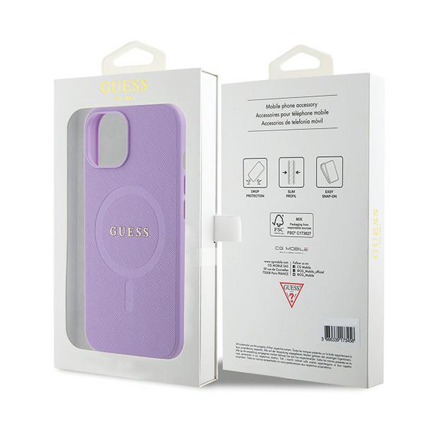 Guess GUHMP15SPSAHMCU Apple iPhone 15 / 14 /13 6.1″ violetinės spalvos kietas dėklas Saffiano MagSafe aprašymas - Prekės nuotrauka