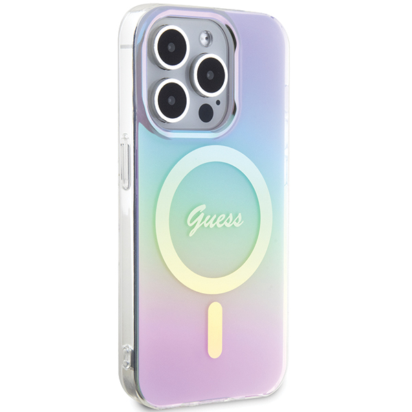 Guess GUHMP15XHITSU Apple iPhone 15 Pro Max 6.7″ violetinės spalvos kietas dėklas IML Iridescent MagSafe aprašymas - Prekės nuotrauka
