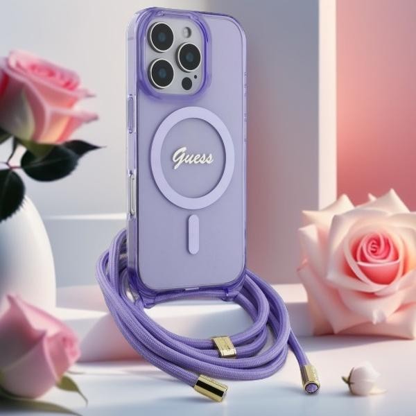 Guess GUHMP16LHCTSGNSP iPhone 16 Pro 6.3″ rožinis kietas dėklas Crossbody Cord Script MagSafe aprašymas - Prekės nuotrauka
