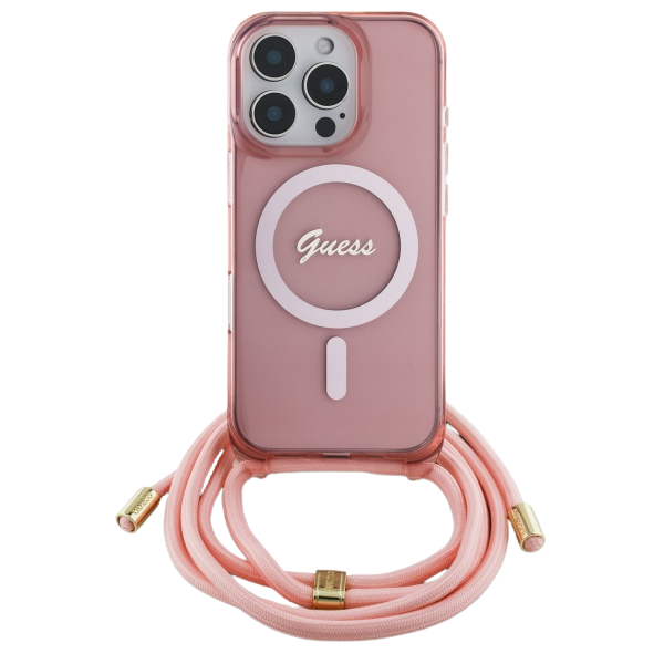 Guess GUHMP16LHCTSGNSP iPhone 16 Pro 6.3″ rožinis kietas dėklas Crossbody Cord Script MagSafe aprašymas - Prekės nuotrauka