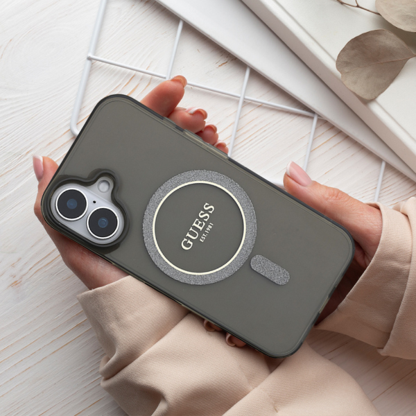 Guess GUHMP16LHFGEREK iPhone 16 Pro 6.3" telefono dėklas, juodos spalvos, IML Glitter Circle MagSafe aprašymas - Prekės nuotrauka